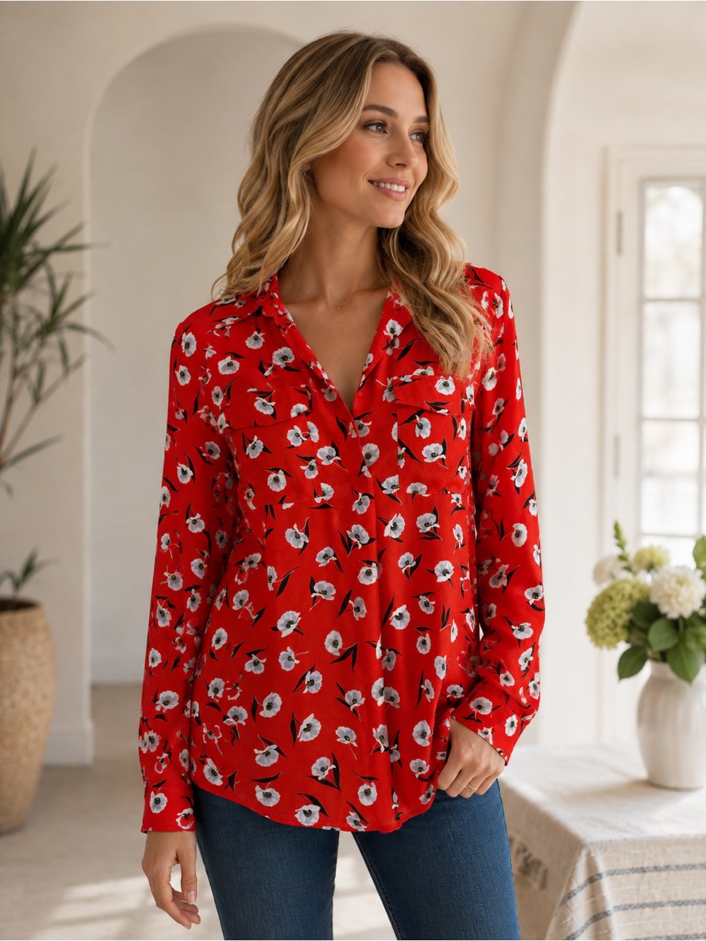 Ann Taylor Red Floral Collared Long-Sleeve Blouse